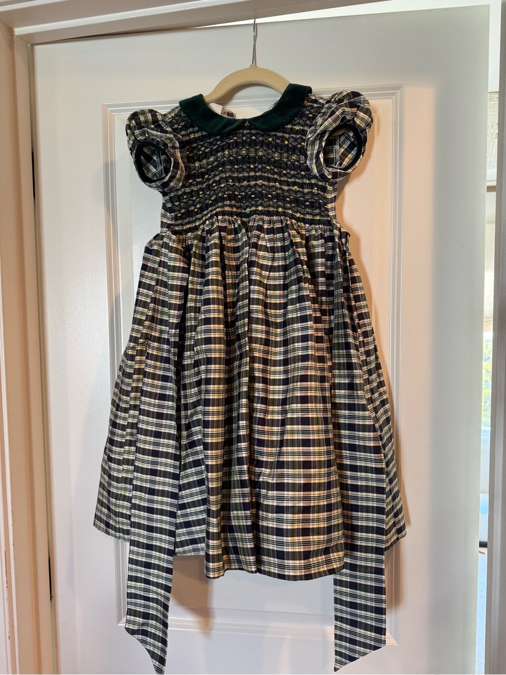 Smocked Plaid Formal Kids Dress with Dark Green Collar